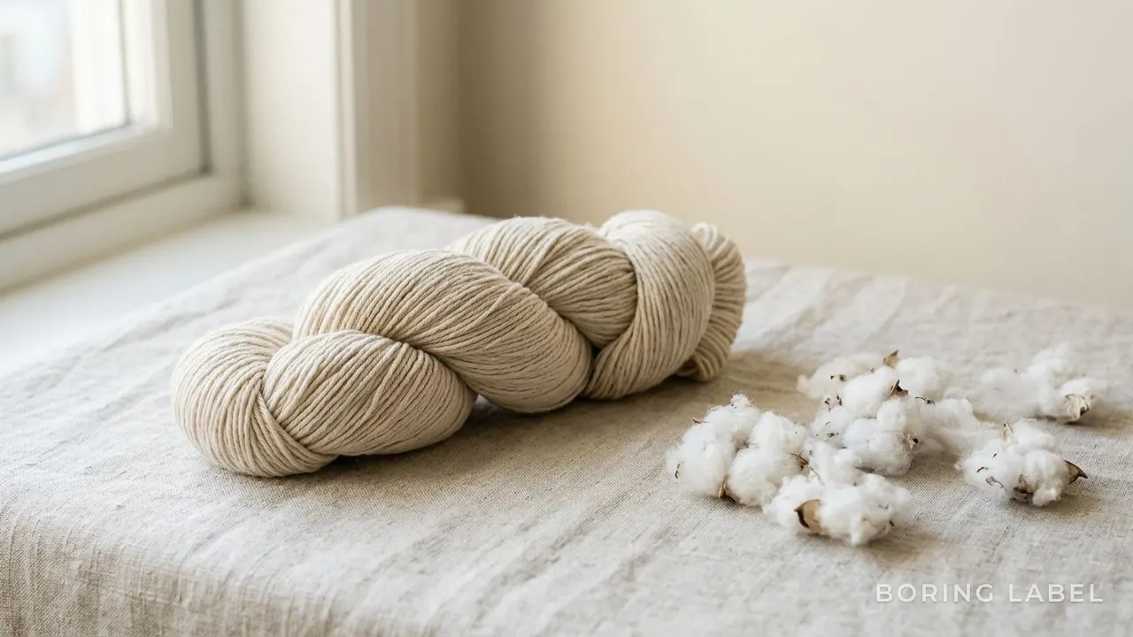 A soft hank of natural undyed combed cotton yarn resting on a pale linen surface beside a few loose raw cotton fibres, gentle window light, neutral cream and beige palette, quiet minimalist still life