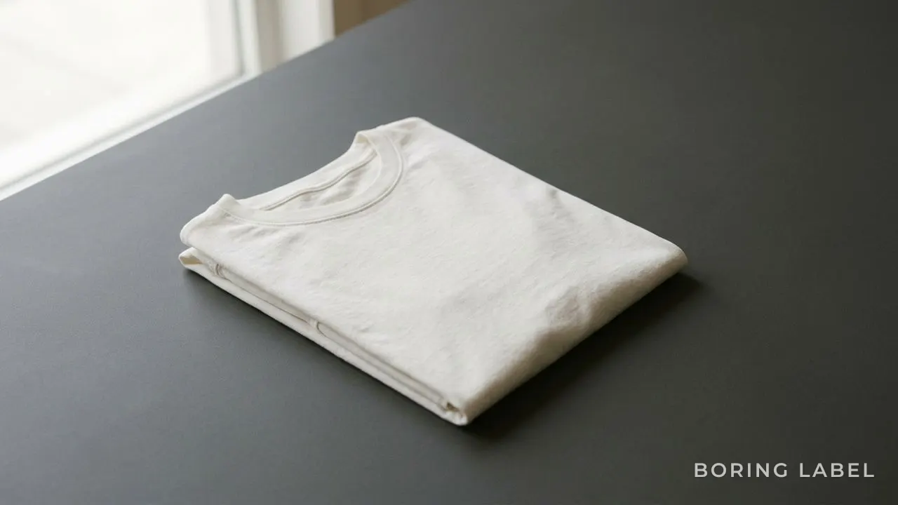 A single mid-weight plain cotton t-shirt folded neatly on a smooth charcoal surface, soft natural daylight raking across the fabric to show its even texture and drape, minimalist editorial composition, muted neutral tones, generous negative space