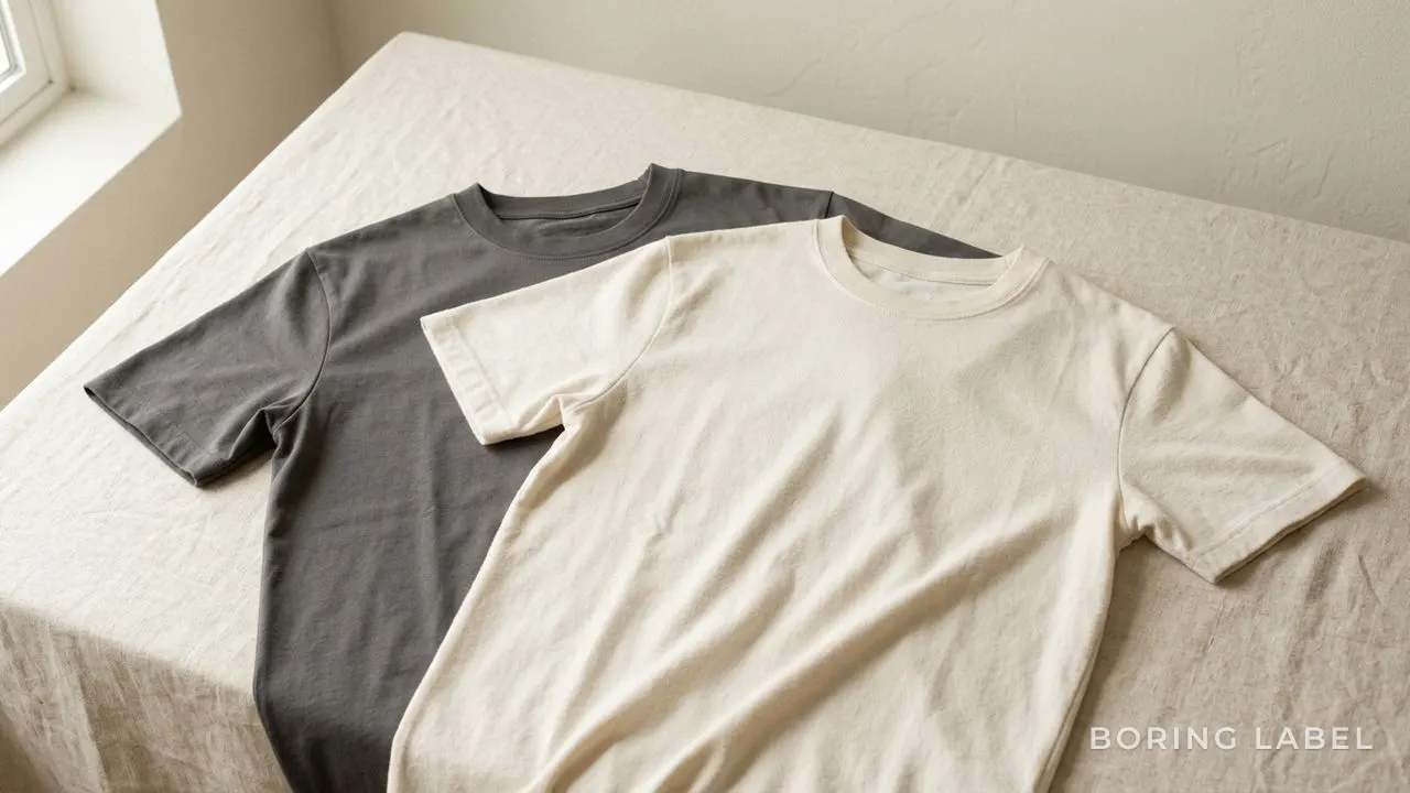 Two plain cotton t-shirts laid flat and overlapping slightly on a cream surface, one with a visibly smoother matte face and one faintly fuzzier, soft directional daylight revealing the difference in surface texture, minimalist editorial still life, neutral palette, calm and premium