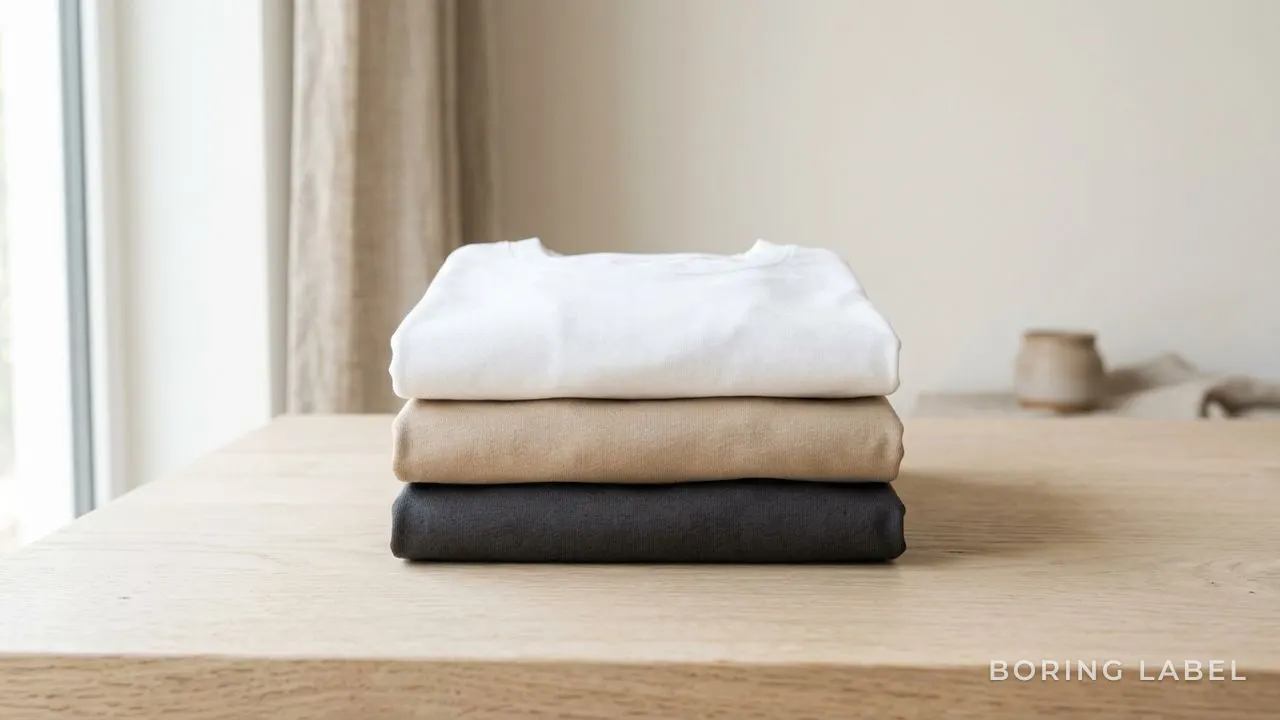 A neatly folded stack of three plain t-shirts in white, beige, and charcoal on a pale wooden surface, soft morning daylight, clean even fabric faces, minimalist editorial product photography, calm neutral palette, plenty of negative space