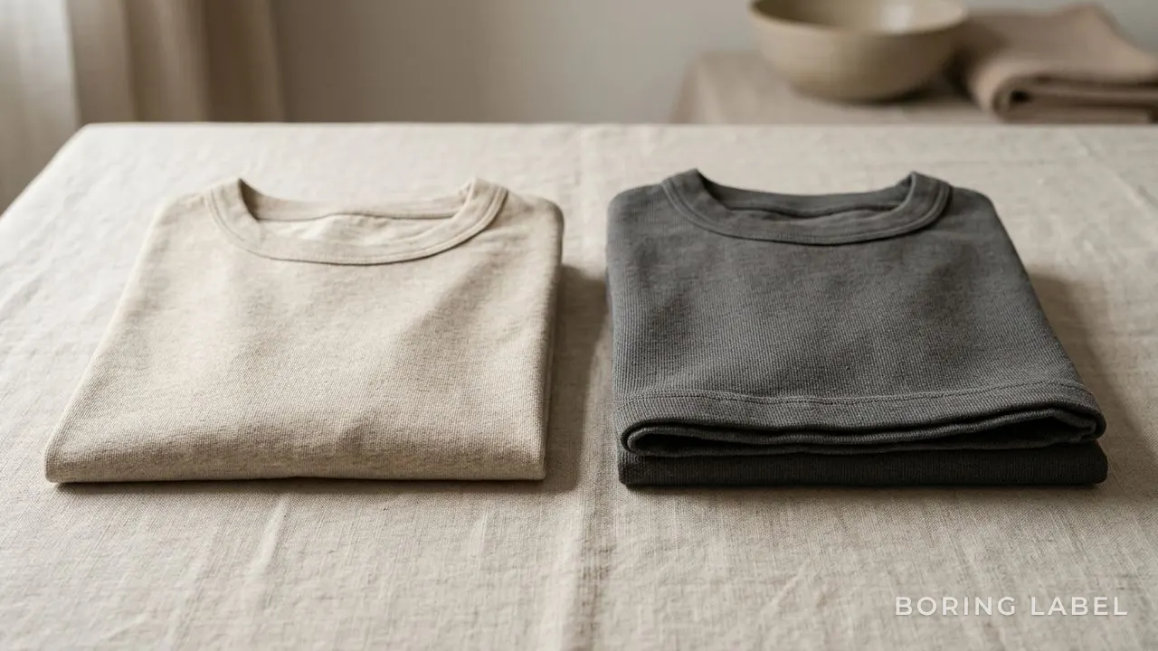 Two folded plain cotton t-shirts of different weights side by side showing knit density, soft natural light, neutral oatmeal and grey tones, calm editorial close-up, no logos