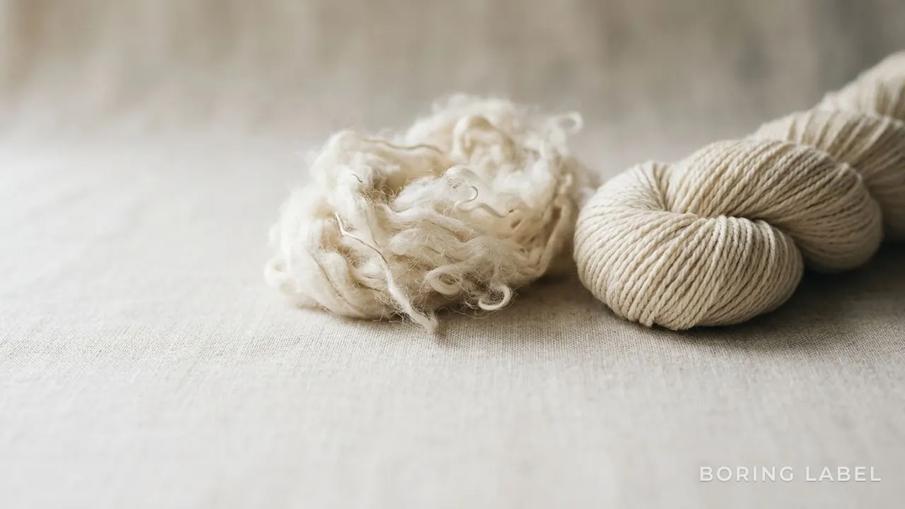 Macro detail of cotton yarn and raw fibre on a neutral surface, soft side light revealing fibre length and twist, warm earthy palette, quiet still-life photography