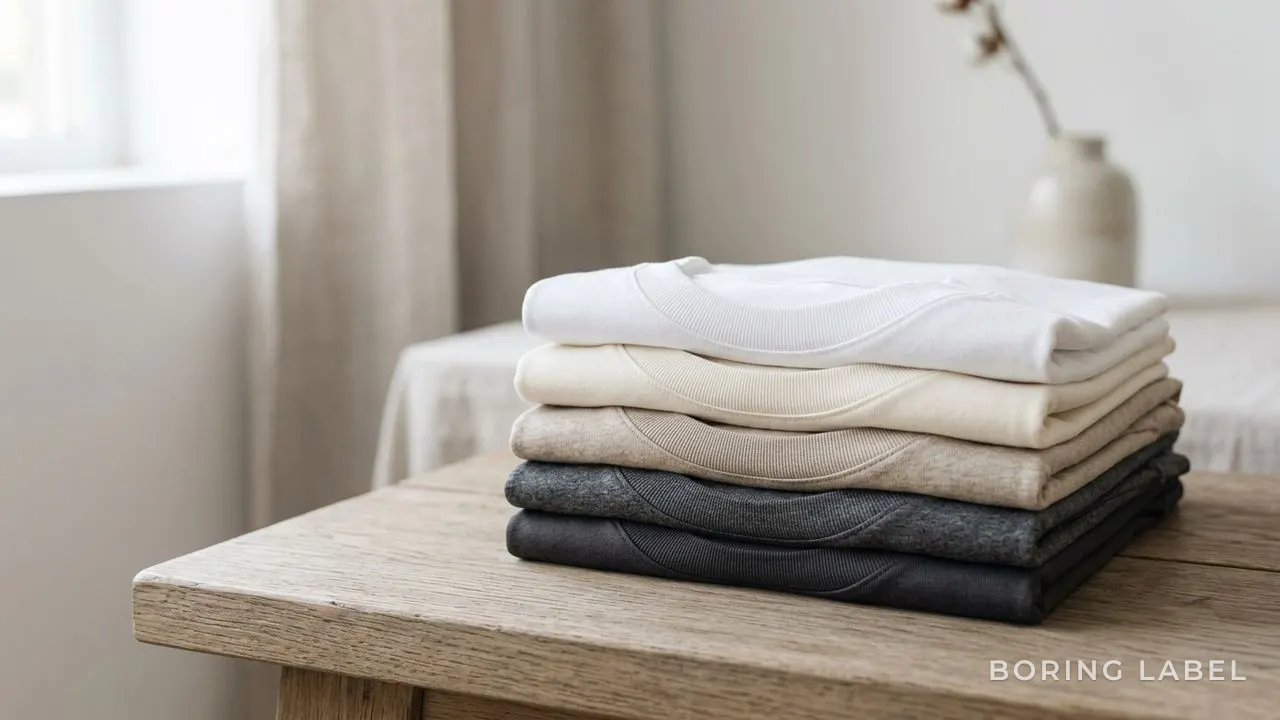 A stack of plain, logo-free folded t-shirts in neutral tones on a wooden surface, soft daylight, clean ribbed collars visible, minimalist editorial composition
