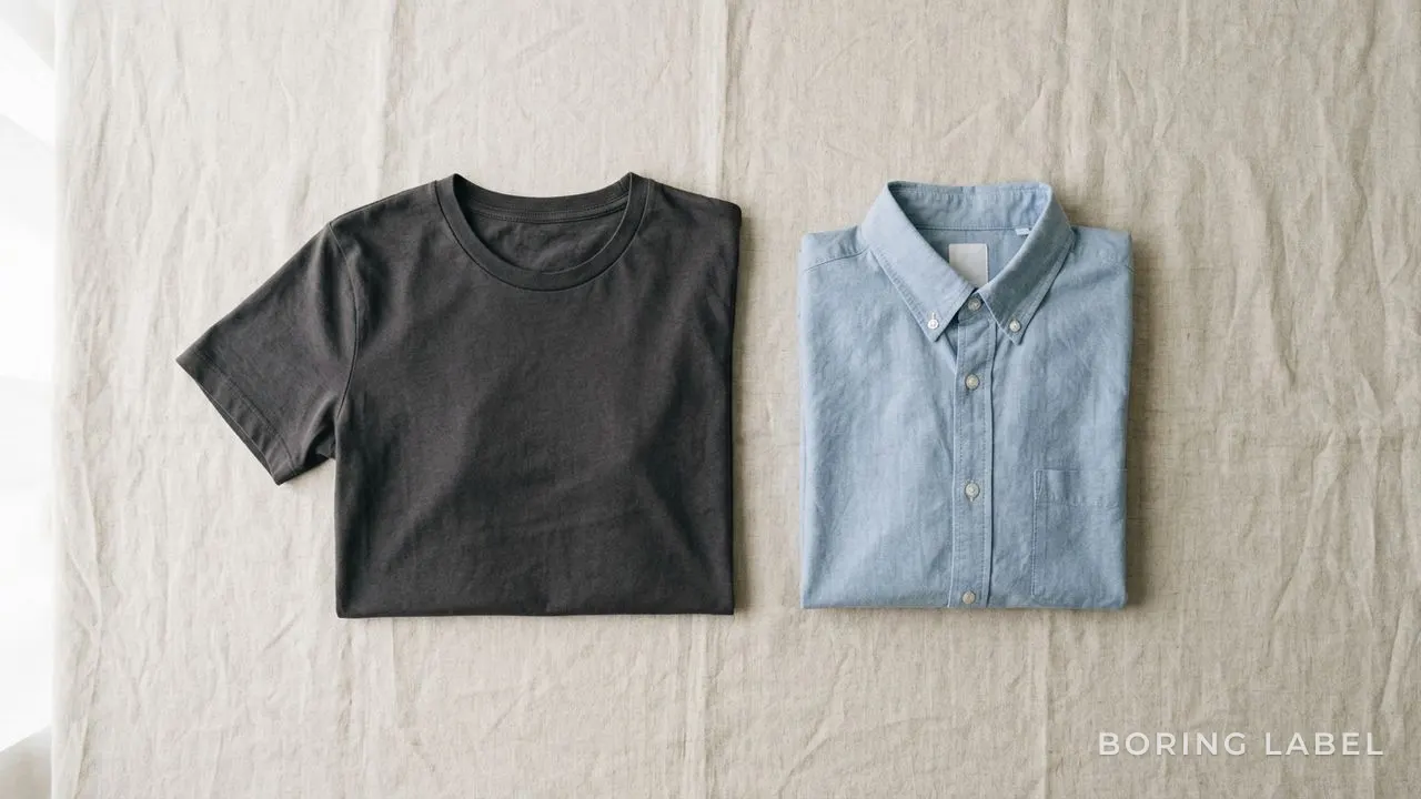 A single charcoal grey plain round-neck t-shirt laid flat on a pale linen surface beside a folded light blue shirt, soft morning daylight, minimalist editorial composition, neutral palette, calm and premium