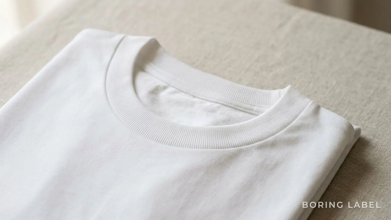 Macro detail of a clean round neckline on a folded white cotton t-shirt, the ribbed collar holding its shape and lying flat, raking soft daylight across a smooth even fabric surface, neutral tones, quiet still life