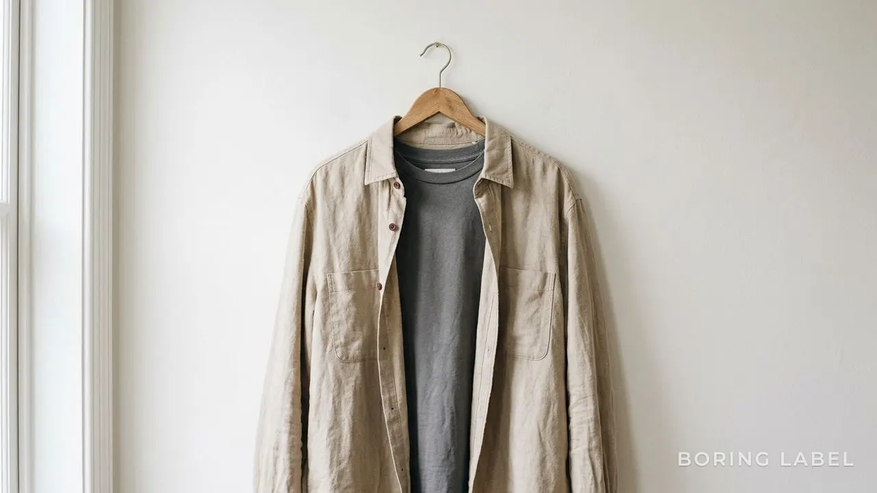 A relaxed mid-grey t-shirt layered beneath an open beige overshirt on a plain wooden hanger against a soft white wall, gentle natural daylight, calm minimalist editorial styling, neutral palette, matte textures