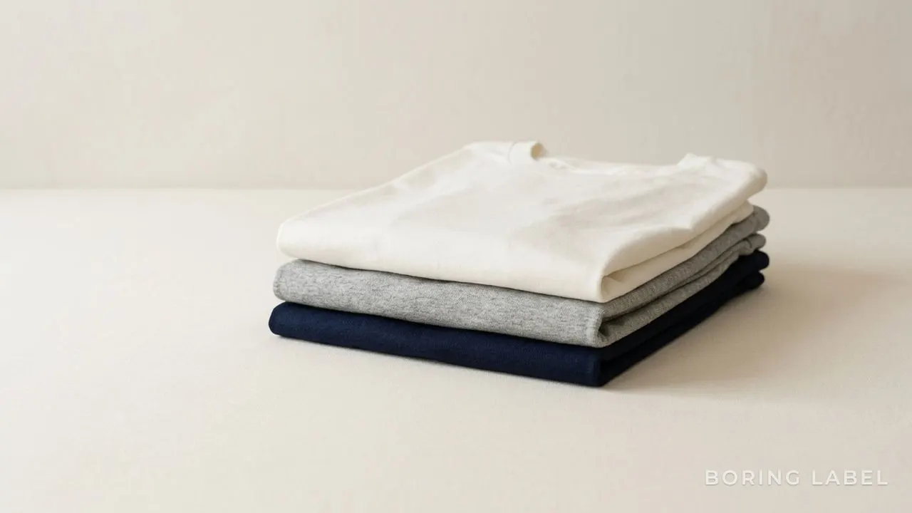 A neatly folded stack of three plain t-shirts in white, grey, and navy on a clean cream surface, smooth even cotton catching soft daylight, generous negative space, minimalist premium product photography, matte and calm