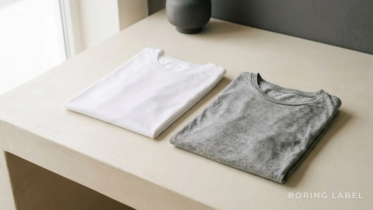 A single plain folded white t-shirt on a pale neutral surface beside a faded, slightly worn grey tee, soft natural daylight highlighting the difference in surface condition, minimalist editorial product photography, lots of negative space