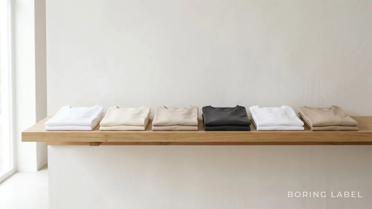 A neat row of folded plain t-shirts in muted neutral tones arranged on a wooden shelf, calm even daylight, uncluttered minimalist composition, lots of negative space, editorial product photography