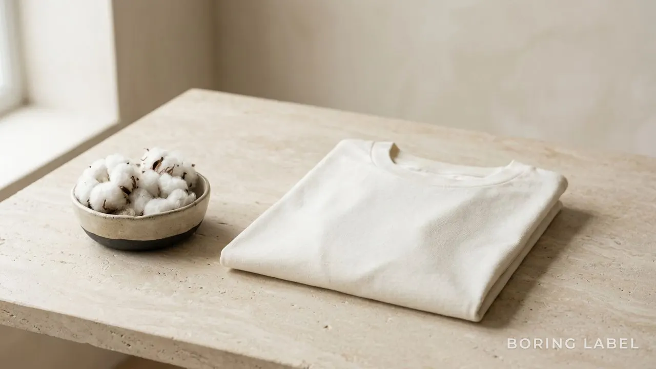 A folded plain cotton t-shirt resting on a pale stone surface beside a small dish of raw cotton, soft directional daylight, quiet natural still life, neutral cream and beige palette, minimalist editorial product photography