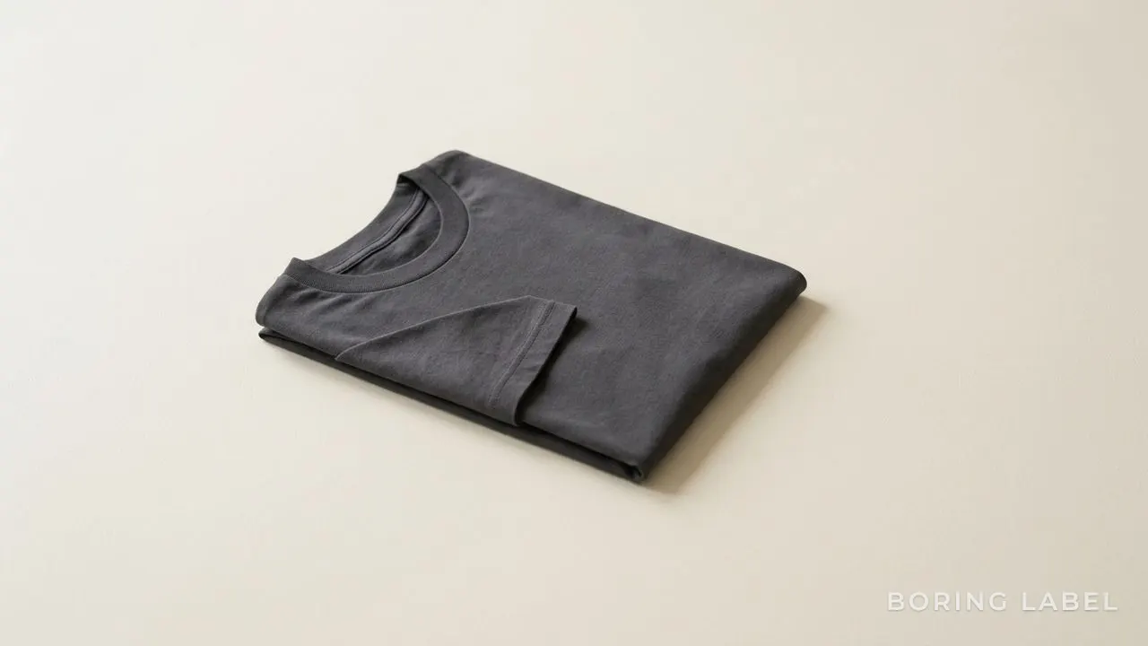 A plain folded t-shirt placed on a smooth pale surface in calm even daylight, a soft shadow falling to one side, restrained premium still life, neutral cream and charcoal palette, lots of negative space, minimalist editorial product photography