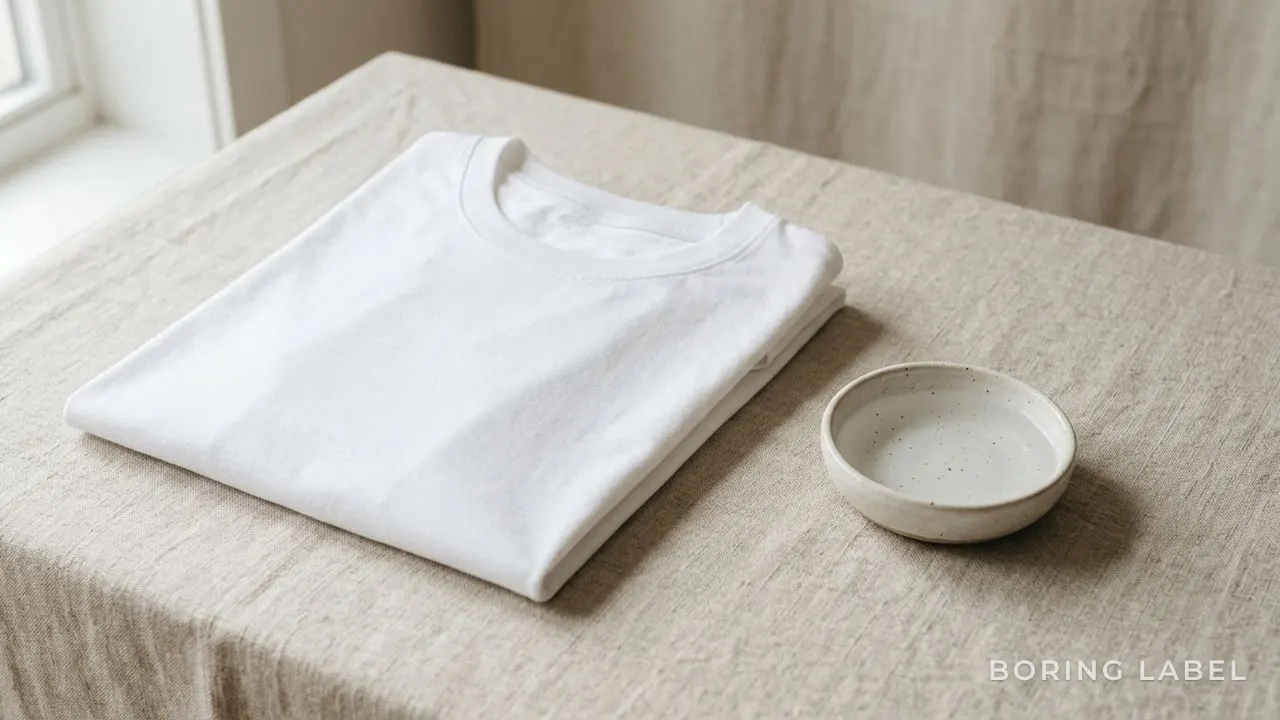 Close-up of a plain white cotton t-shirt folded on a pale linen surface beside a small dish of plain water, soft natural daylight, neutral palette, quiet minimalist still life