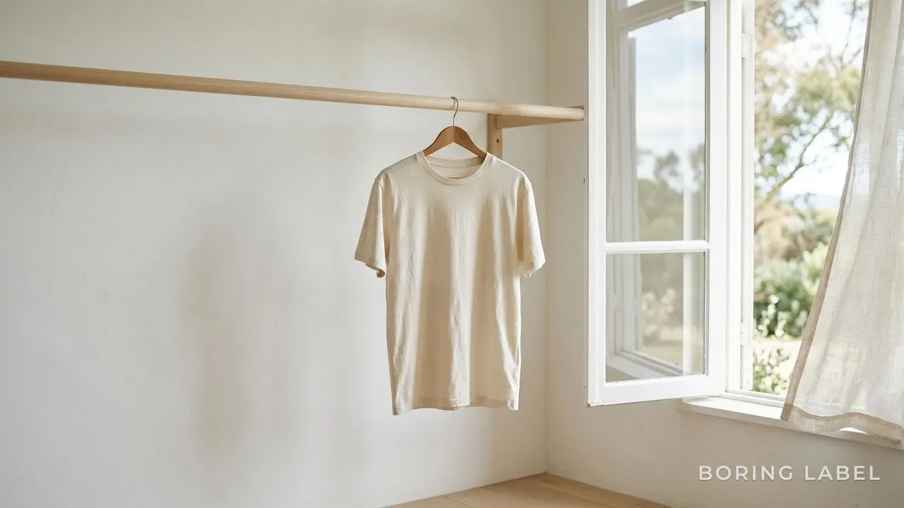 A simple cotton t-shirt hanging to dry on a plain wooden rail near an open window, bright airy daylight, white and cream tones, generous negative space, calm editorial composition