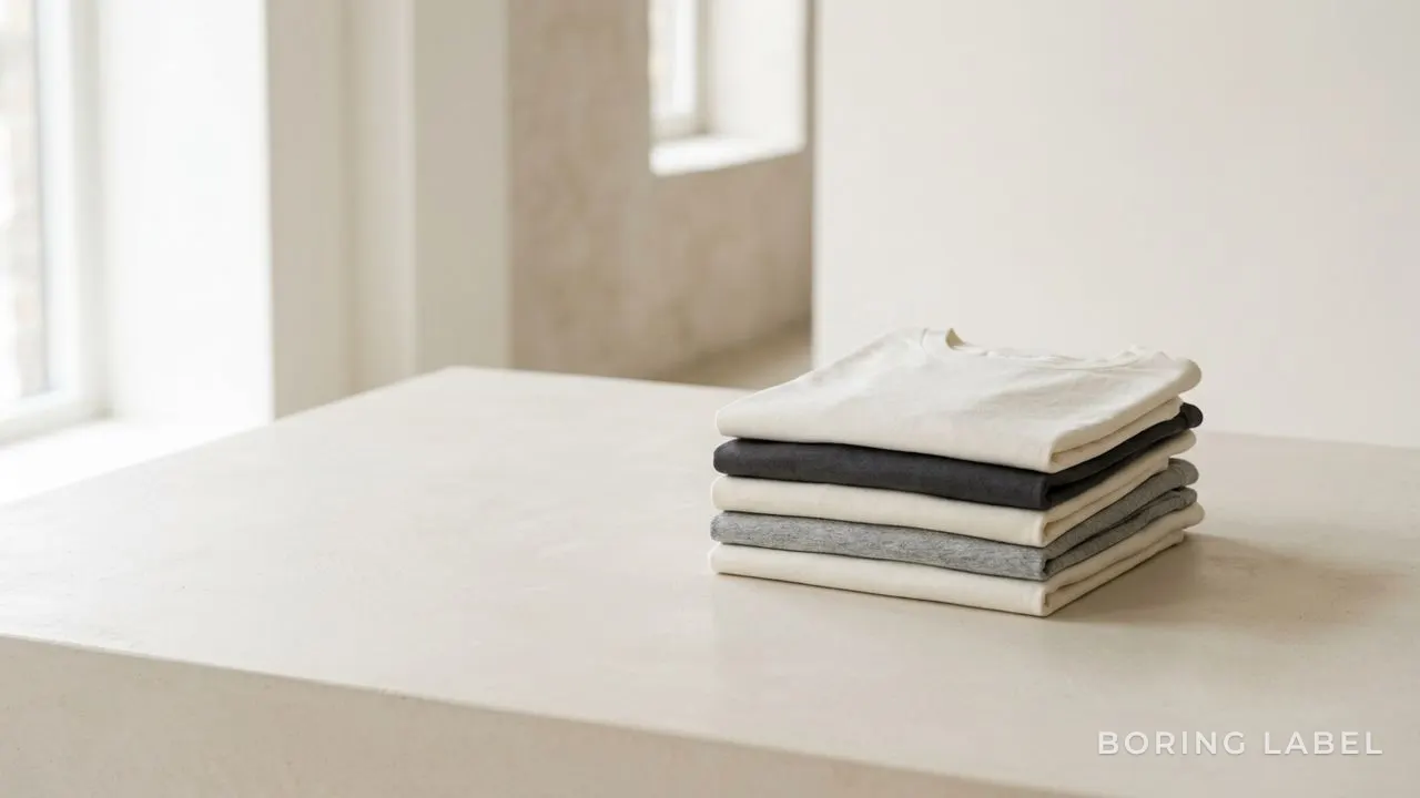 A small stack of neatly folded plain cotton t-shirts in cream and soft grey on a pale surface, gentle natural daylight, lots of negative space, calm minimalist editorial still life