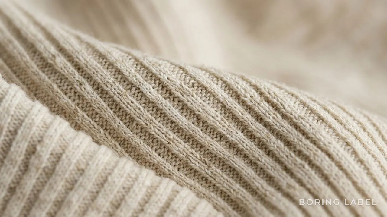 Macro detail of cotton jersey knit loops photographed at a slight diagonal, the vertical wales visibly leaning off-grain, soft raking daylight, neutral oatmeal and cream tones, minimalist editorial still life, no text