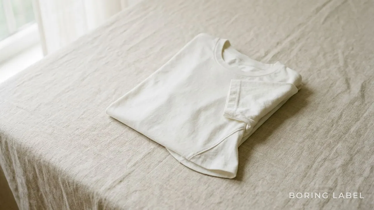 A folded plain white t-shirt resting on a pale linen surface, the side seam visibly curving off the straight and the hem flaring at an angle, soft natural window light, negative space, matte neutral palette, no text