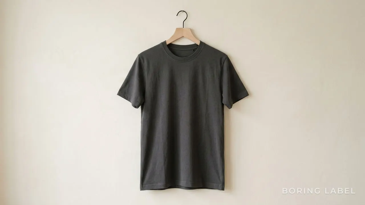 A single plain charcoal t-shirt hanging straight on a wooden hanger against a pale wall, both side seams running perfectly vertical and the hem level, calm soft daylight, minimalist editorial composition, matte neutral tones, no text