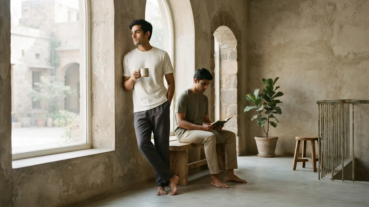 Minimalist editorial photo illustrating fabric weight changes the answer too, muted neutral tones, soft natural light, premium plain t-shirt context