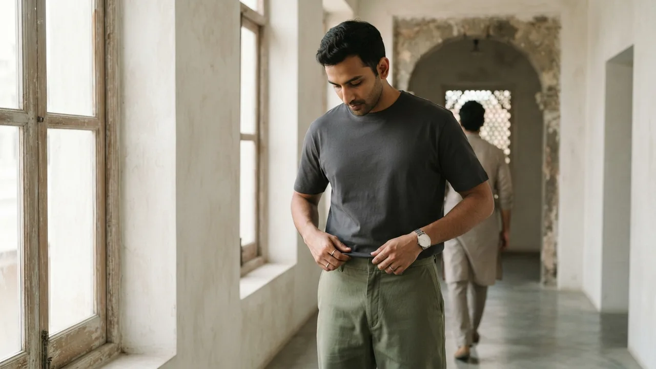Minimalist editorial photo illustrating answer those three honestly and the tuck decision makes itself, garment by garment, without needing a universal rule that was never going to fit your build anyway., muted neutral tones, soft natural light, premium plain t-shirt context