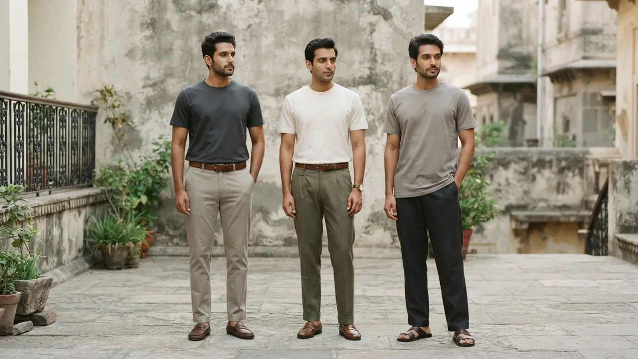 Minimalist editorial photo illustrating how the tuck changes with trouser rise, muted neutral tones, soft natural light, premium plain t-shirt context