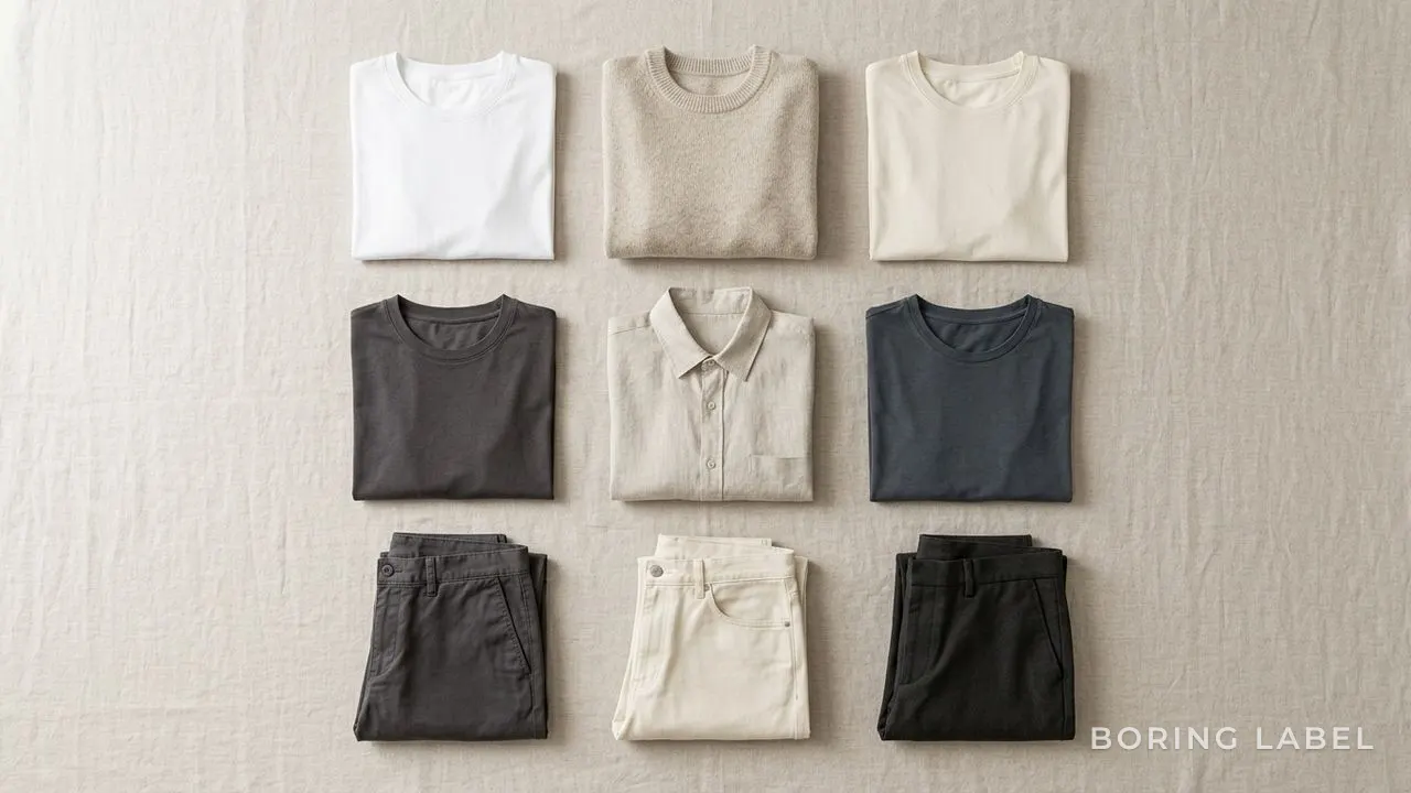 Neutral wardrobe flat-lay of a few folded plain tees and dark trousers arranged in a calm grid on pale linen, soft daylight, no logos or text