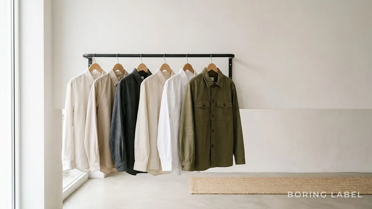 Tidy clothing rail with a small run of neutral plain shirts and one muted olive overshirt on evenly spaced plain wooden hangers against a warm white wall, soft light