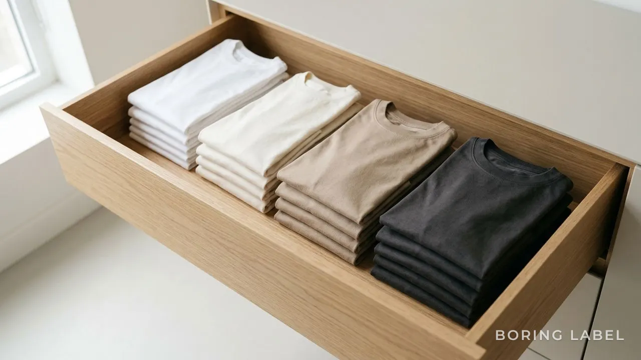 Close-up of neatly folded plain tees in a shallow drawer, soft even stacks in neutral tones, calm minimal still-life in gentle natural light