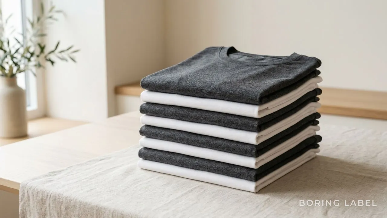 Stack of identical folded grey and white round-neck tees in soft natural light on a pale surface, edges crisp, no logos, calm minimal composition
