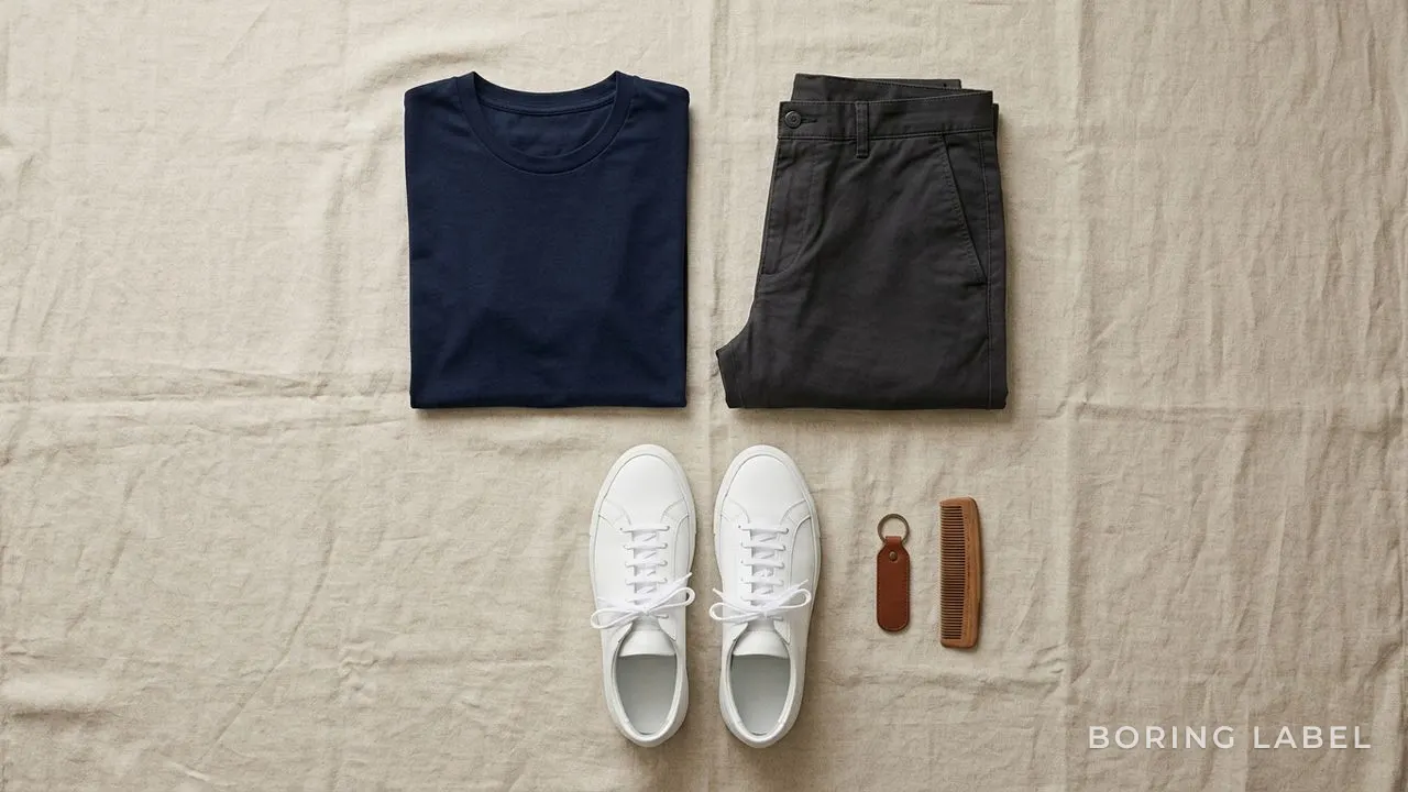 Flat-lay of a personal uniform formula - one plain navy tee, dark folded trousers and a pair of clean white leather sneakers on warm neutral linen in soft daylight