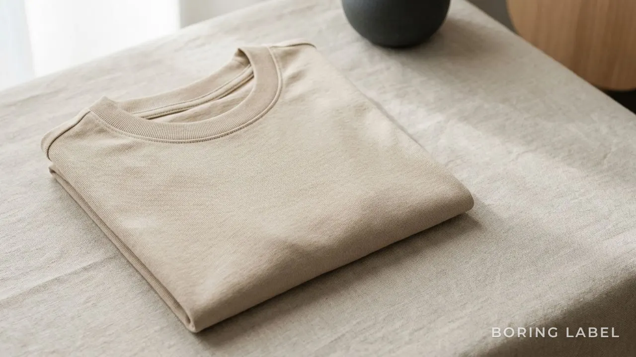 Close-up of fine combed-cotton knit texture on a folded plain tee in a neutral oatmeal tone, raking side light showing a smooth even surface with no pilling