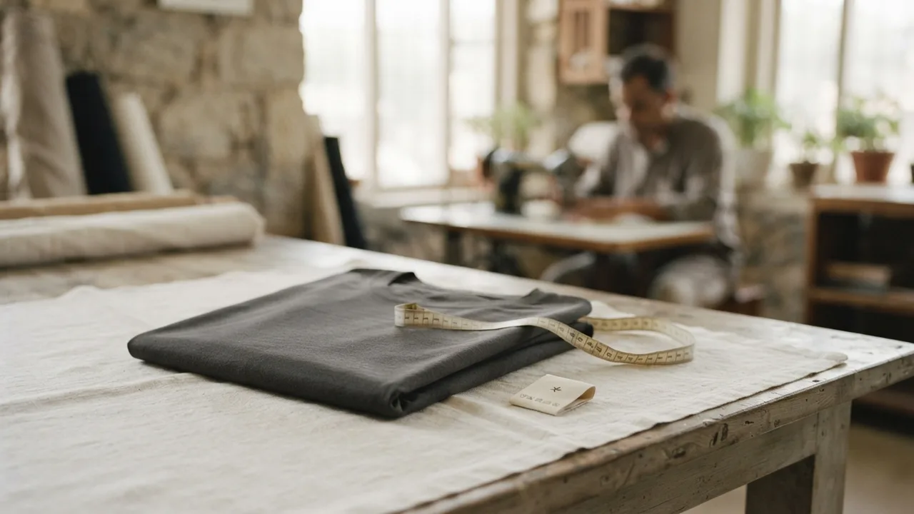 Measuring tape laid across a folded plain t-shirt beside a size label, muted neutral tones, soft natural light