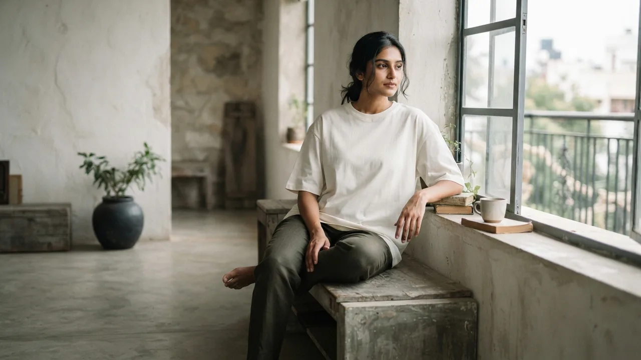 Minimalist editorial photo illustrating vanity sizing is partly self-reinforcing once a brand starts down that path. comfortable, generous "m" measurements reduce size-related returns in the short term, and lower returns look like a design win in a brand's internal data., muted neutral tones, soft natural light, premium plain t-shirt context