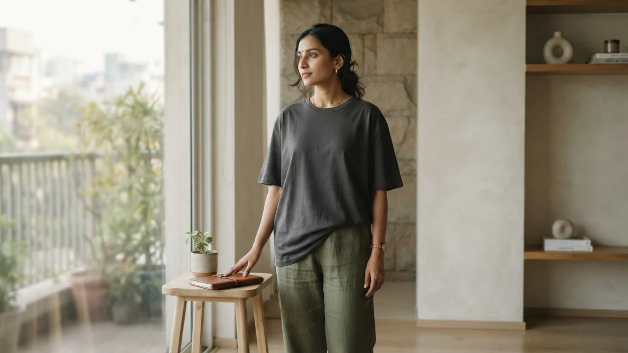 Minimalist editorial photo illustrating how vanity sizing has shifted over the last decade, muted neutral tones, soft natural light, premium plain t-shirt context