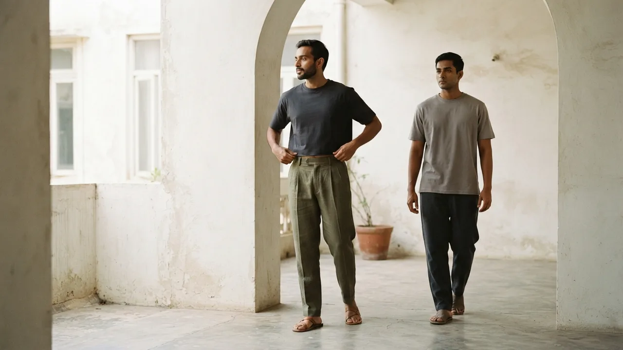 Minimalist editorial photo illustrating dressing for the crop, not the whole outfit, muted neutral tones, soft natural light, premium plain t-shirt context