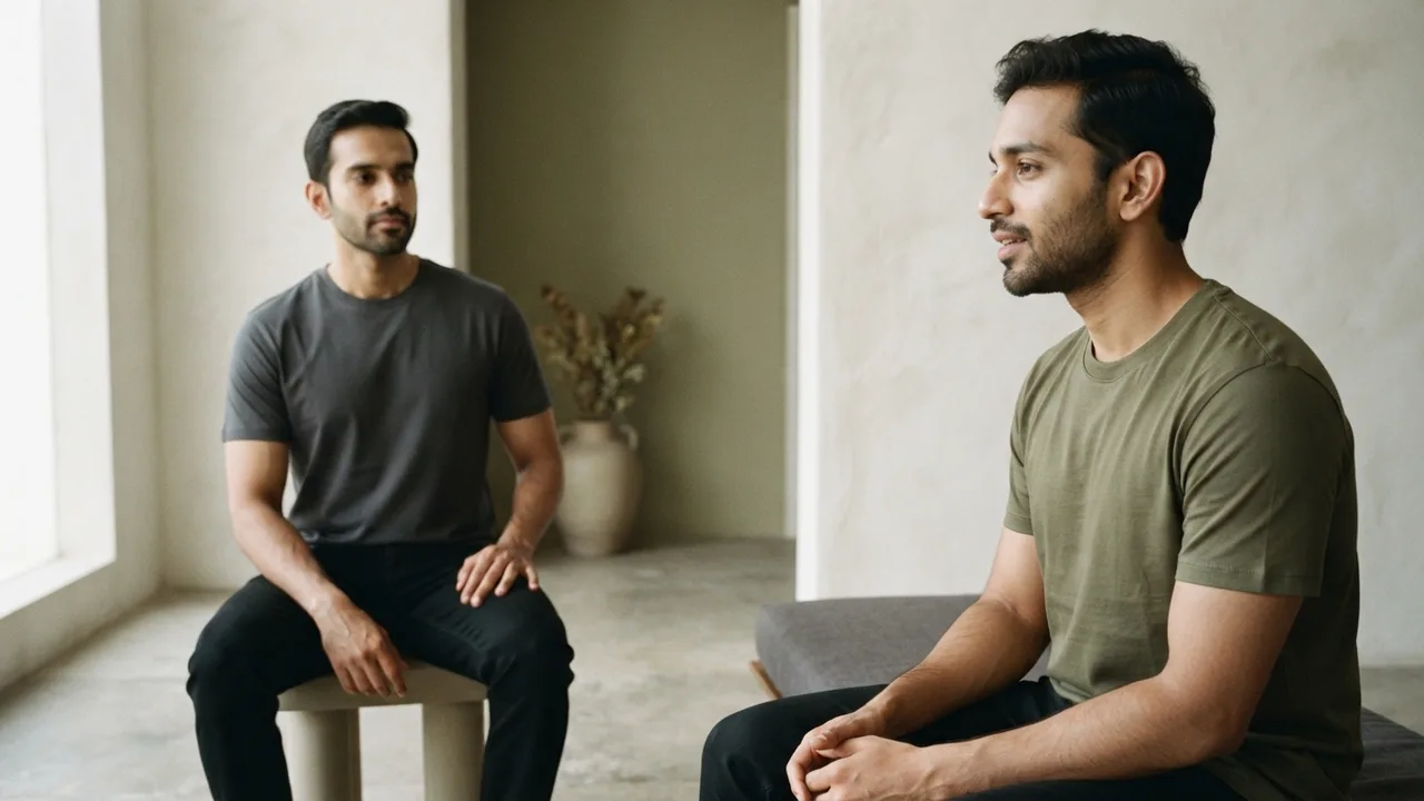 Minimalist editorial photo illustrating distance from the camera matters too. sitting too close exaggerates any wrinkling in the fabric right at the collar, while a moderate distance, roughly arm's length, lets a plain tee's clean lines read the way they are meant to., muted neutral tones, soft natural light, premium plain t-shirt context