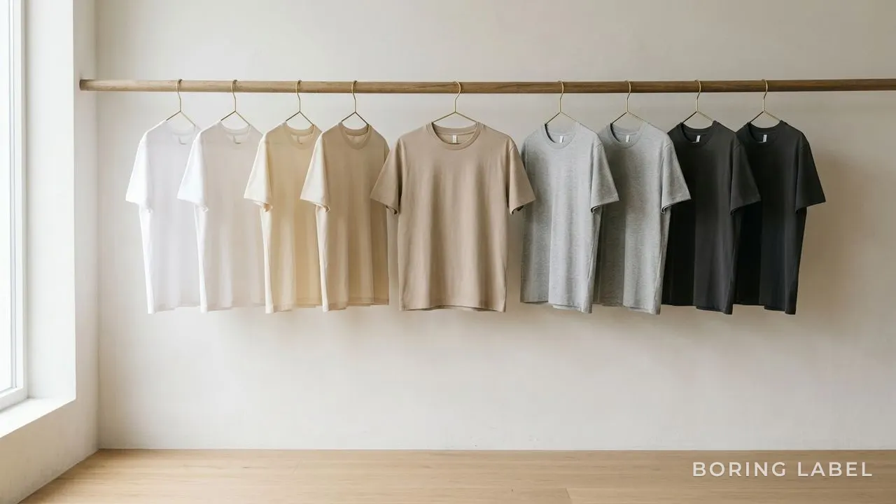 A row of identical plain neutral tees hanging evenly on a wooden rail, soft morning light, calm and orderly composition with no clutter.
