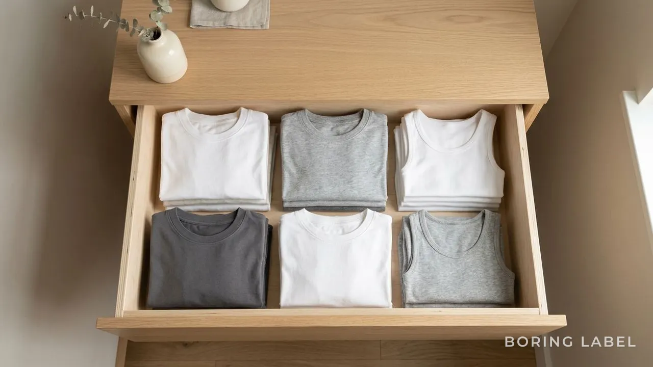 Neatly folded plain cotton garments in soft greys and white arranged in a shallow drawer, top-down view, gentle natural light, quiet and uniform.