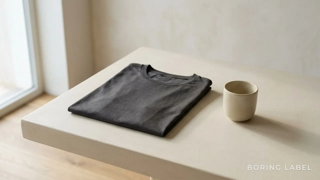 A single plain folded tee resting on a smooth pale surface beside a cup, still and uncluttered scene, soft directional daylight, calm minimal mood.