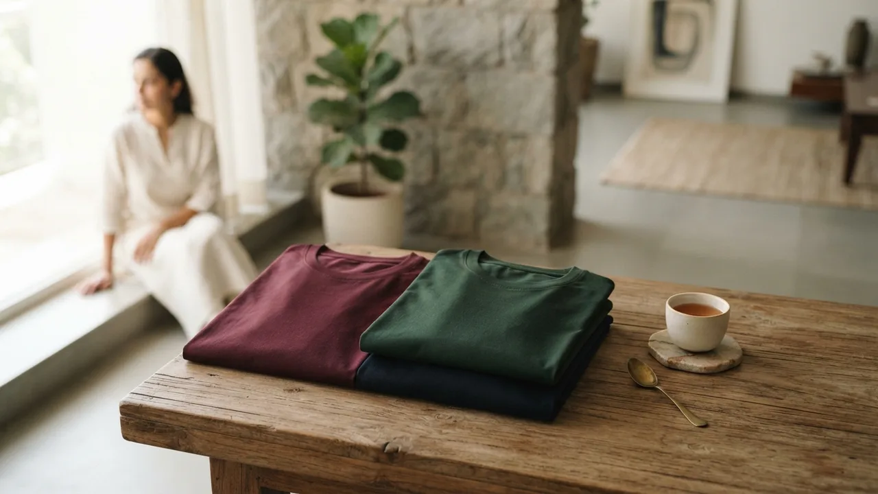 Three folded t-shirts in wine, forest green, and midnight blue arranged on a warm wooden surface, soft directional light, minimalist wedding-guest colour palette flat-lay