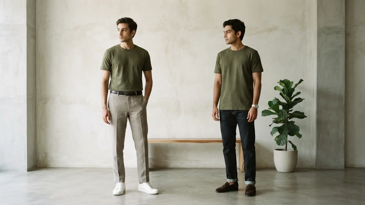 Olive green cotton t-shirt styled two ways, with tan trousers and separately with dark denim, neutral studio backdrop, soft daylight, minimalist fashion editorial