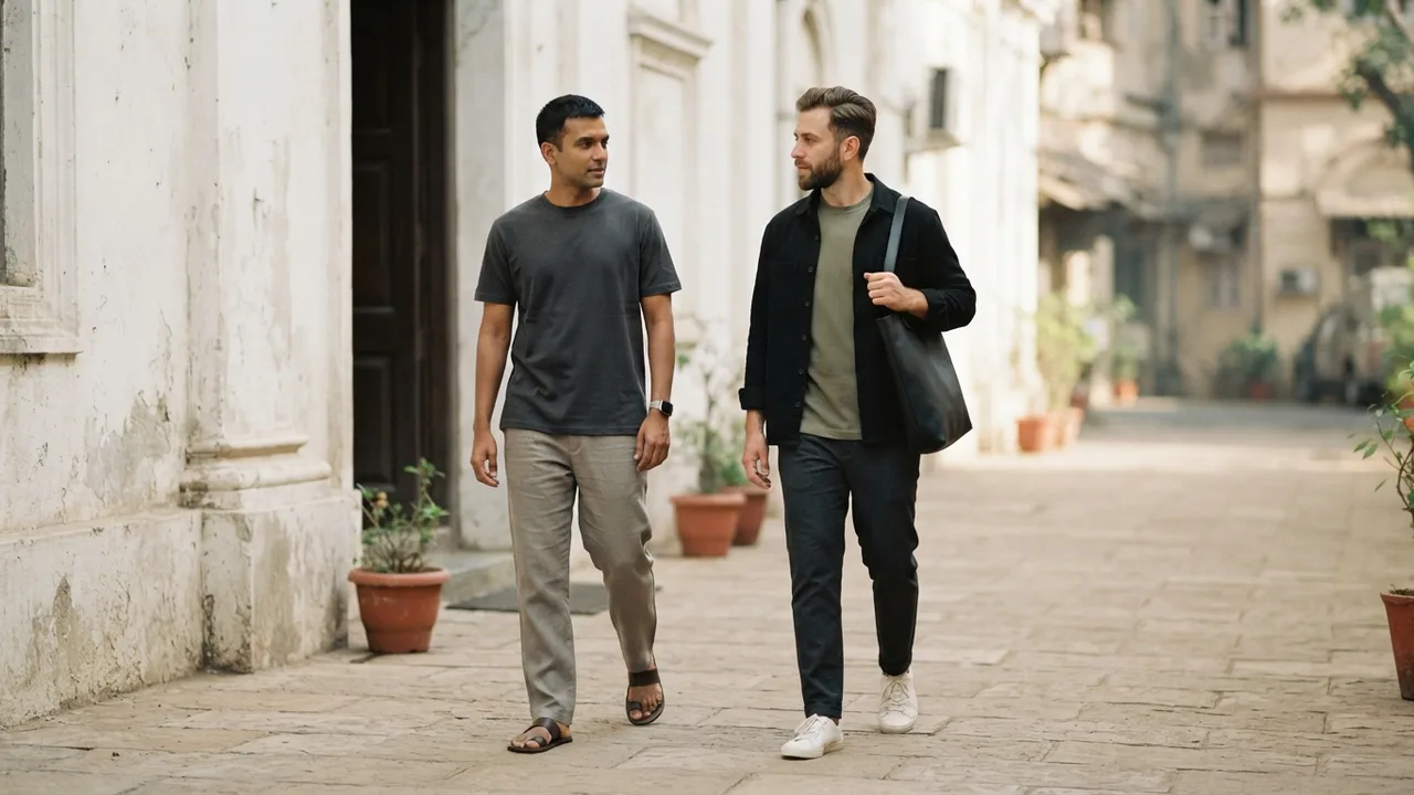 Minimalist editorial photo illustrating pairing three: olive and black, sharper than people expect, muted neutral tones, soft natural light, premium plain t-shirt context