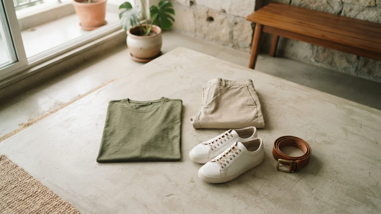 Olive green t-shirt laid flat beside beige chinos, white sneakers and a tan belt, neutral colour pairing flat-lay, soft natural light