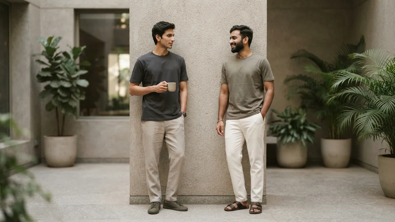 Minimalist editorial photo illustrating rung two: the weekend and casual rotation, muted neutral tones, soft natural light, premium plain t-shirt context