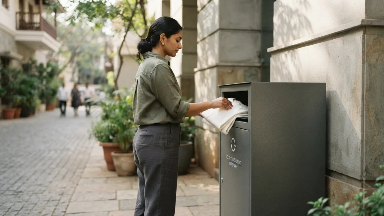 Minimalist editorial photo illustrating if the tee is beyond even that, textile recycling bins exist in most major indian cities now, and cotton fibre can be repurposed into insulation, industrial wiping cloth, or other textile products rather than going straight to landfill. it is a small effort, but a meaningfully better ending than the trash for a garment that likely took real water and labour to make., muted neutral tones, soft natural light, premium plain t-shirt context