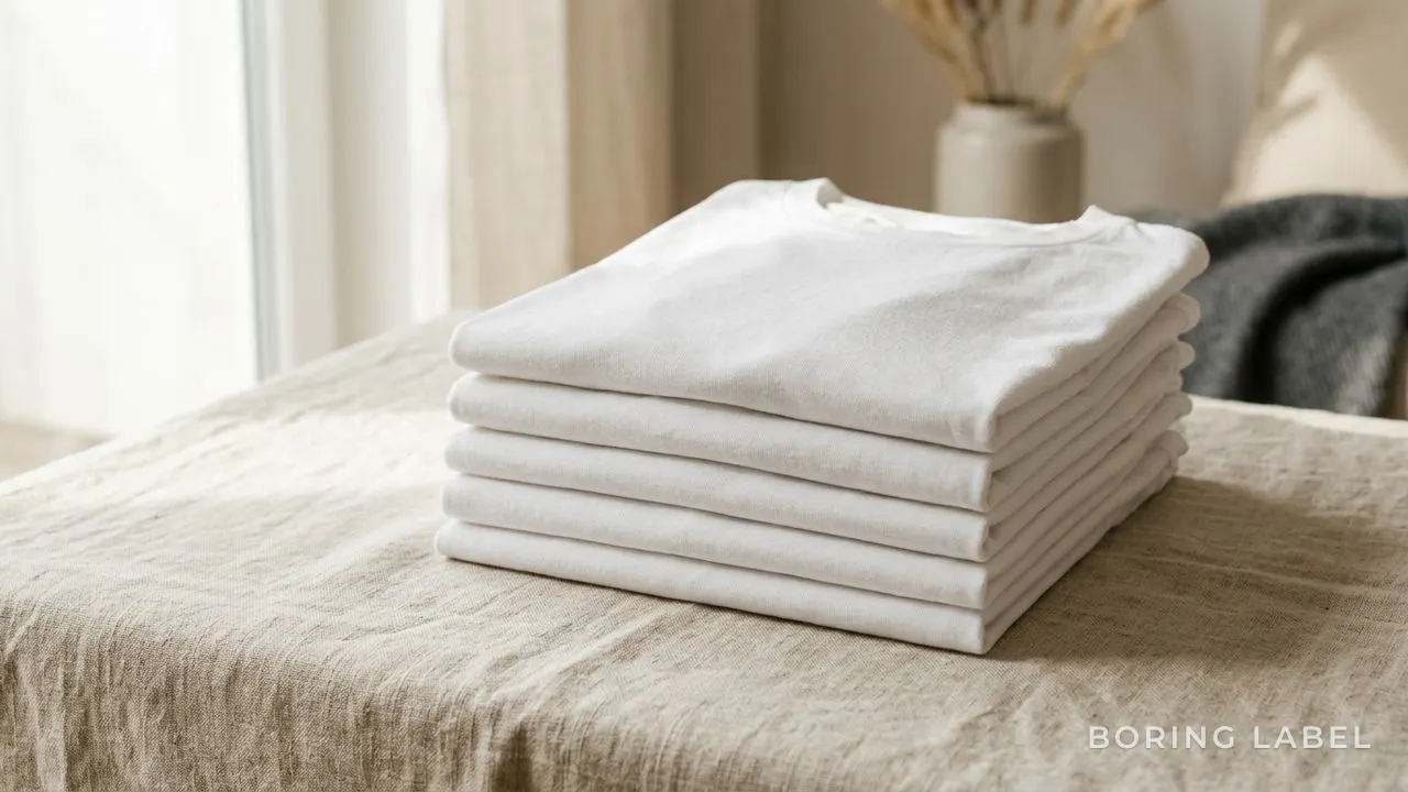 A folded stack of plain white t-shirts on a pale linen surface, soft morning daylight raking across the fabric to reveal the knit texture, neutral cream and beige palette, minimalist still life, no text or logos
