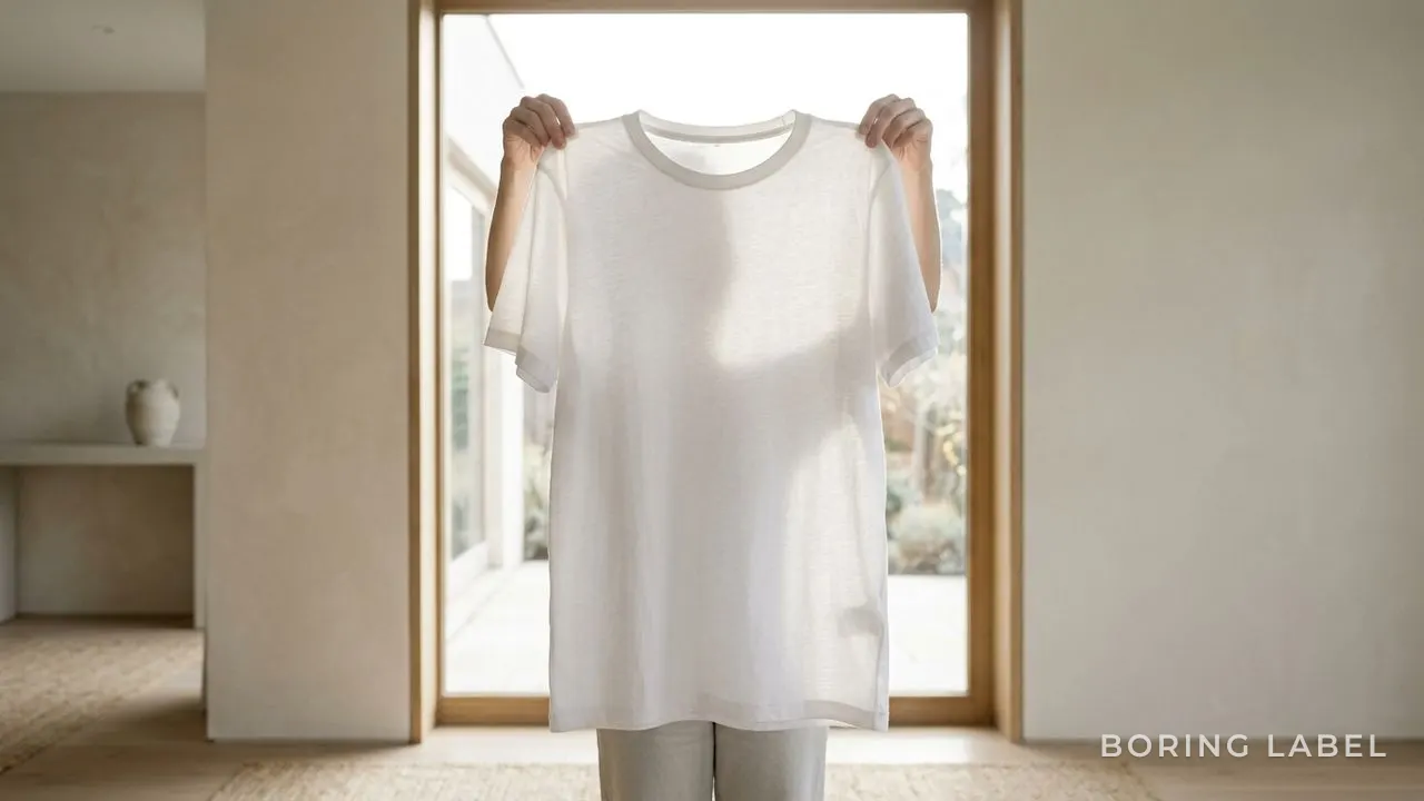 A single white t-shirt held up against a bright window, soft daylight passing through the fabric and revealing the faint translucency at the thinnest points, calm neutral interior, minimalist editorial composition, no people or faces, no text