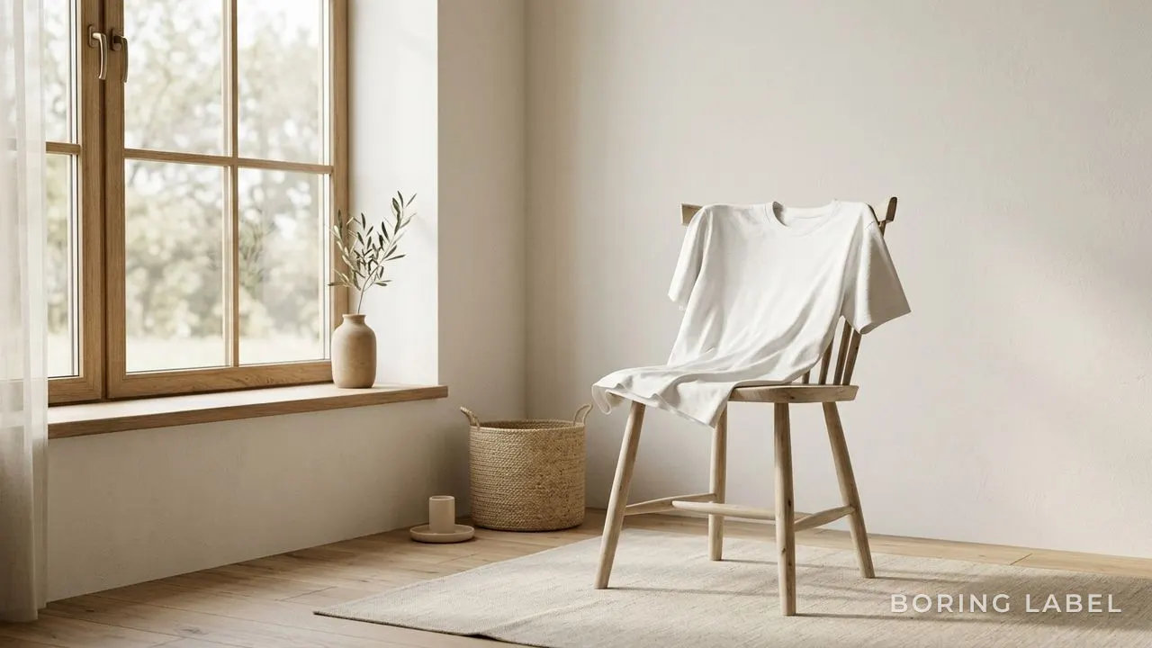 A relaxed-fit white t-shirt draped over a wooden chair beside a sunlit window, soft shadows, warm neutral tones of cream and pale wood, quiet minimalist interior, editorial still life, no text or logos or people