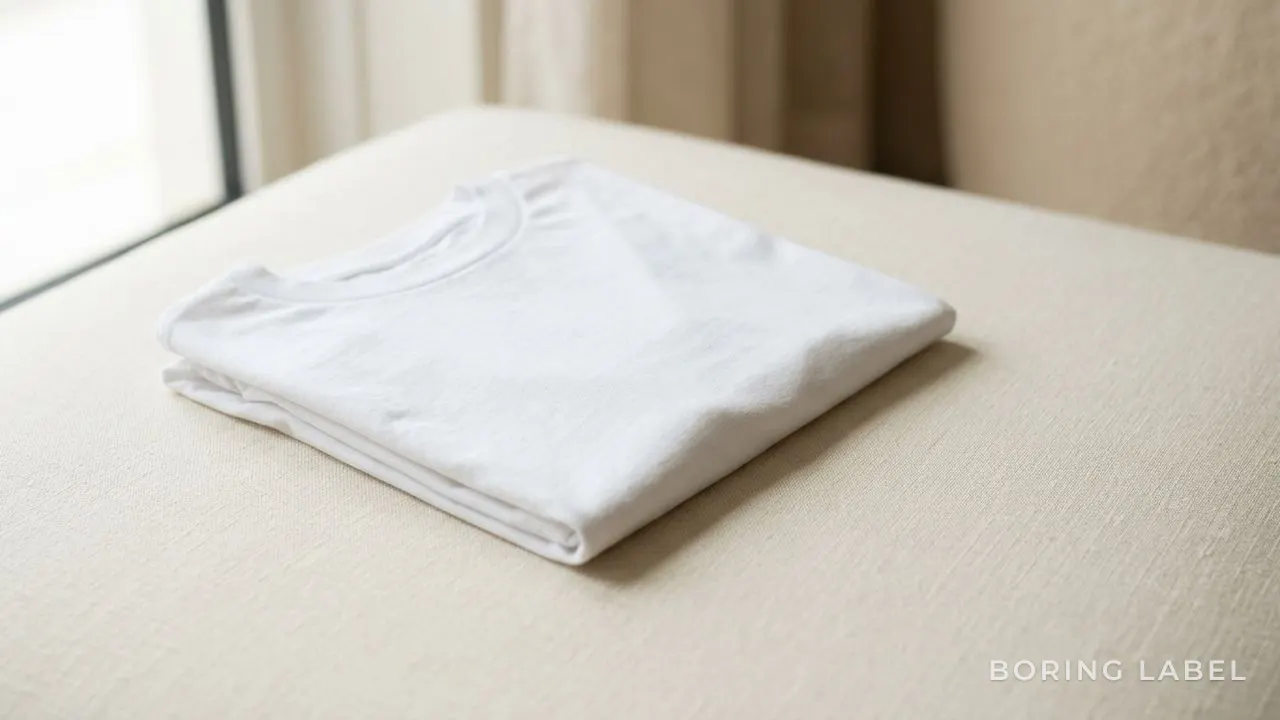 Close-up of a folded crisp white cotton t-shirt on a pale cream surface in soft natural daylight, clean even fabric, generous negative space, calm minimalist still life