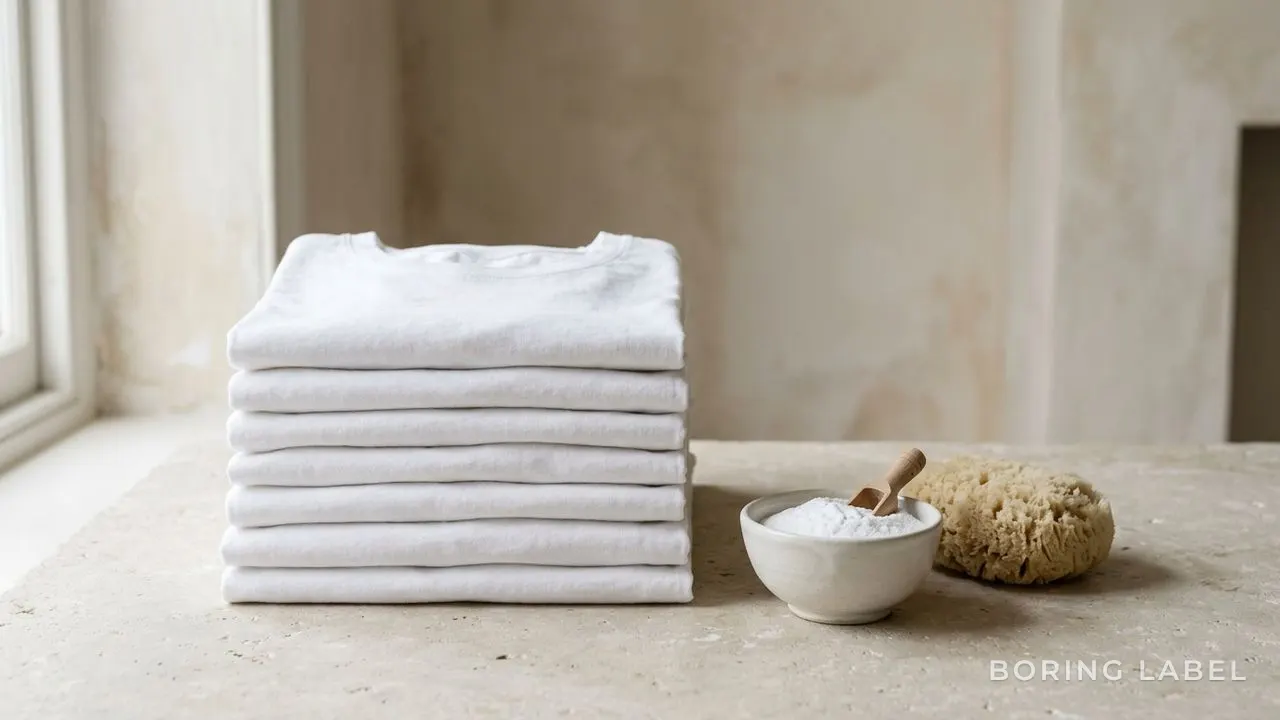 Stack of neatly folded white t-shirts beside a small bowl of plain white powder and a sponge on a pale stone surface, soft diffused light, muted neutral palette, quiet editorial composition