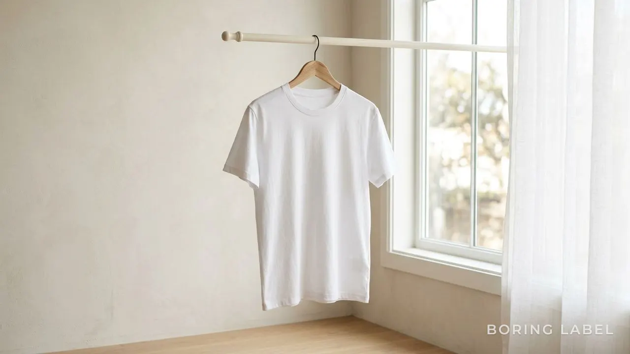 A single white cotton t-shirt hanging on a wooden hanger by a window, soft daylight passing through, clean bright fabric against a pale neutral wall, airy minimalist scene with negative space